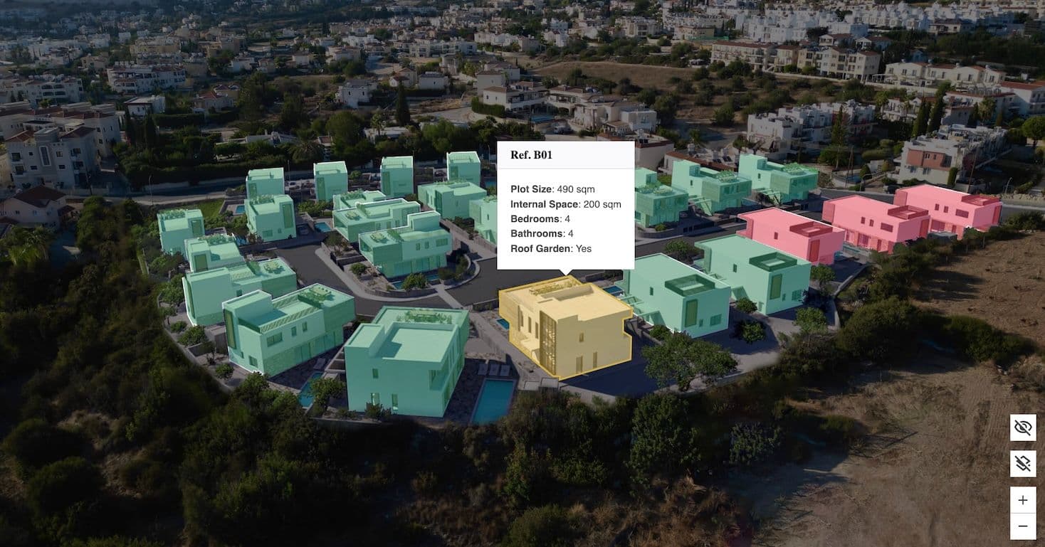 Interactive masterplan view showing a high-resolution site visualization with zoom, pan, and property detail popovers.