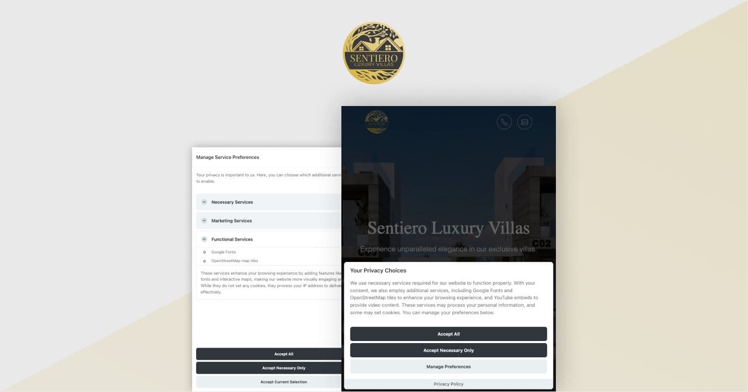 GDPR-compliant consent implementation on Sentiero Luxury Villas website, displaying the consent and preferences modals.