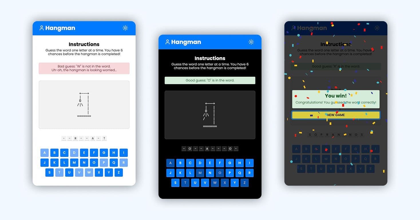Screenshot of a React hangman game interface showing the gallows, word display with dashes, and virtual keyboard