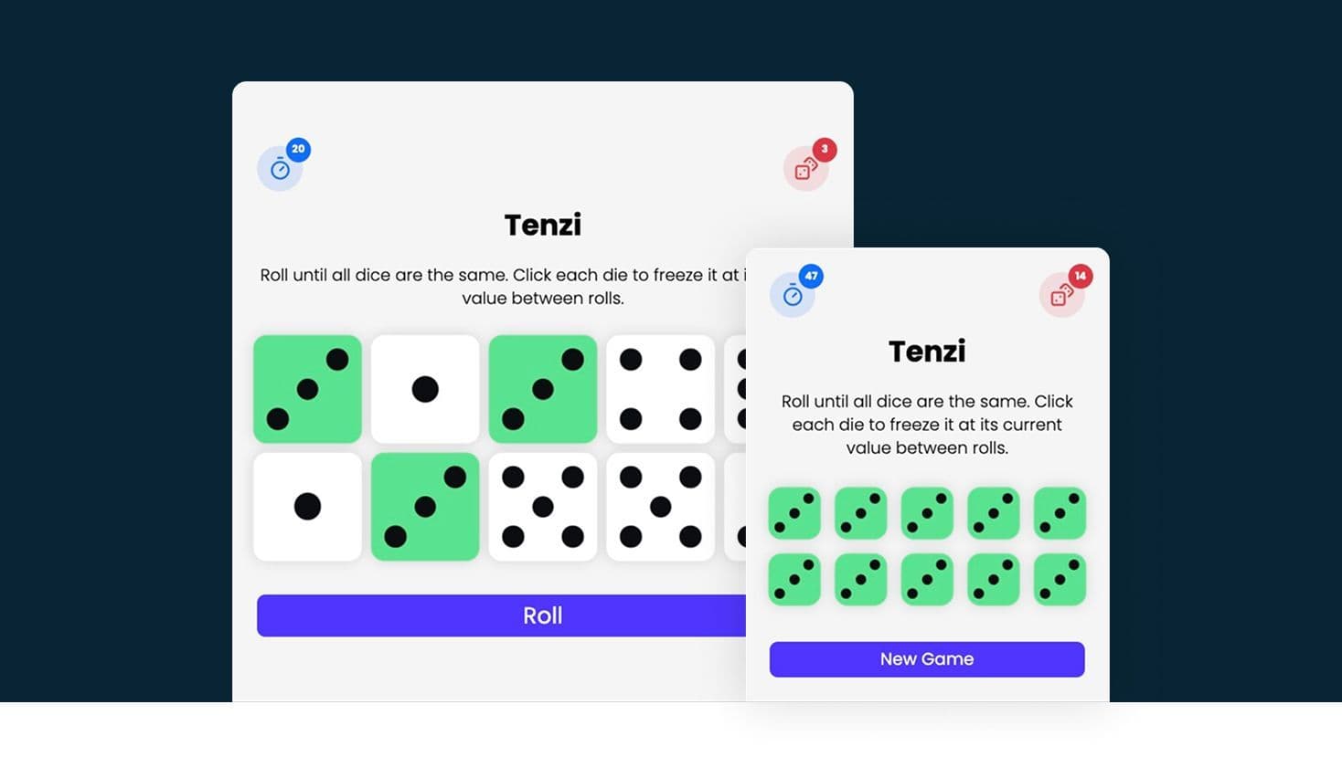 Screenshot of Tenzi game interface built with React, showing dice, timer, roll count, and the main game button.